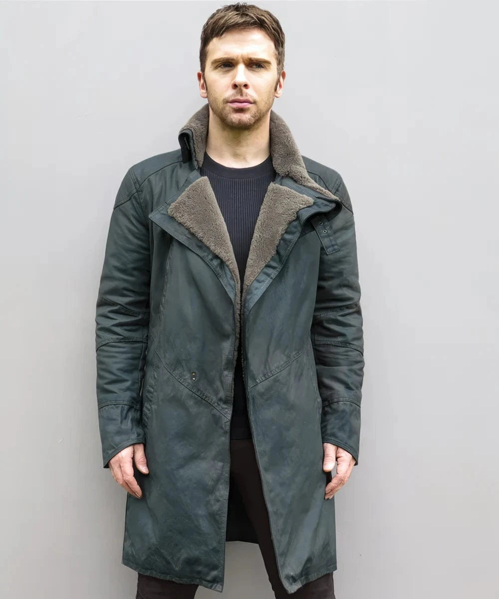 Unfastened photo of a model wearing the Blade Runner 2049 coat as seen on Officer K.