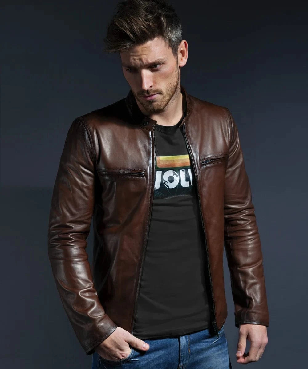 Model wearing brown cafe racer leather jacket with stand collar and zip chest pockets