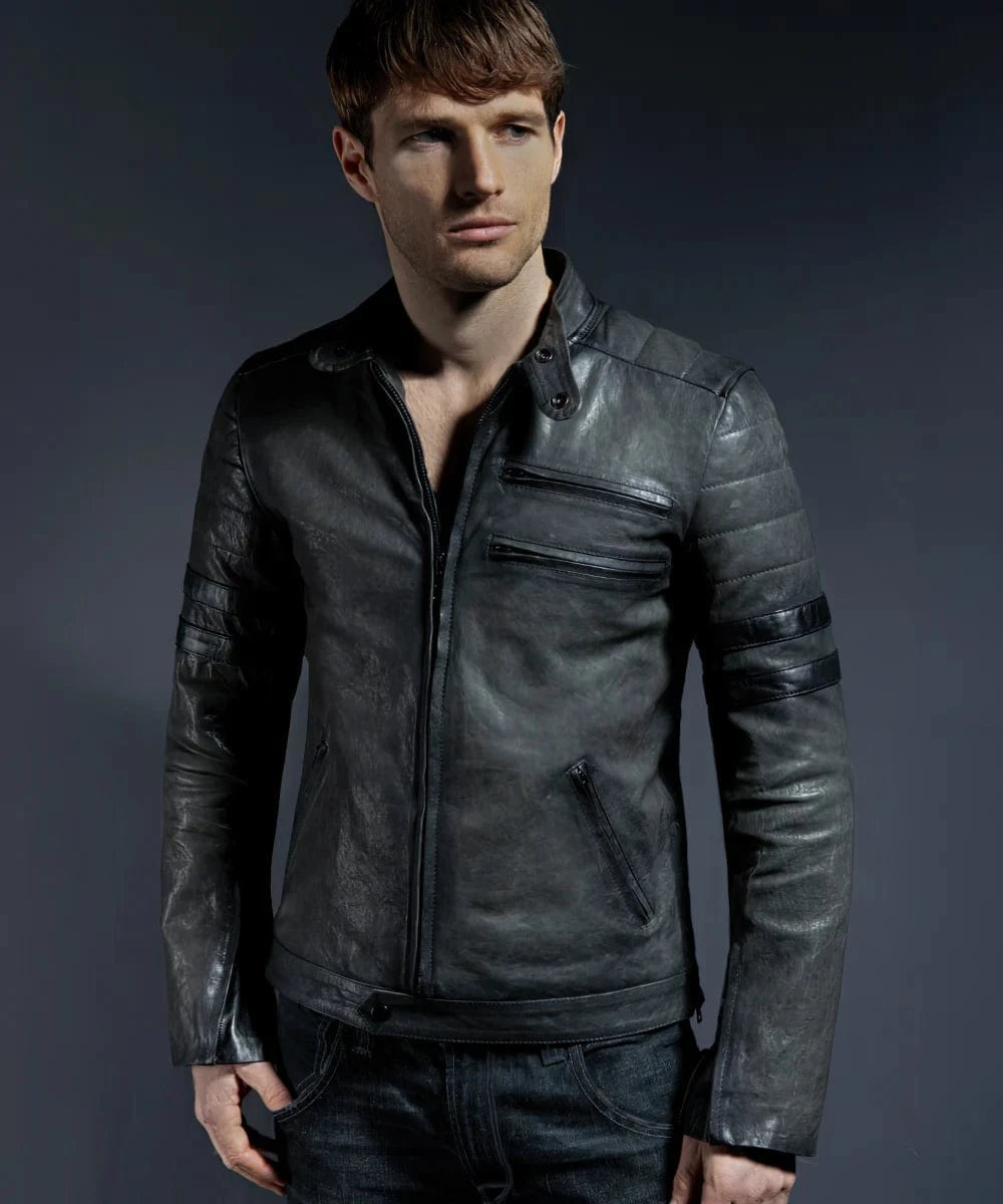 Model wearing vintage slim fit grey leather cafe racer jacket with biker inspired sleeve detailing and vintage washed leather finish