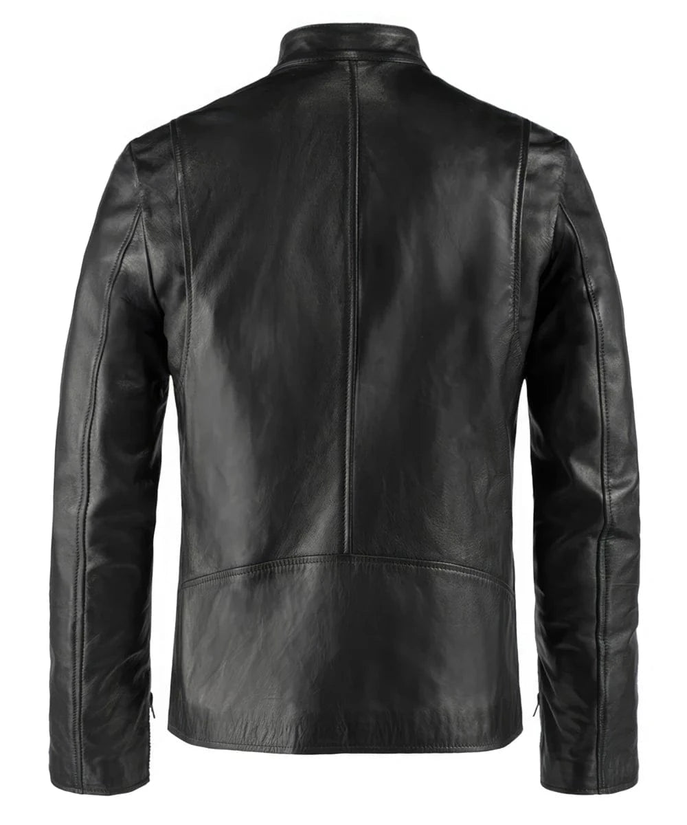 Back view of Iron Manblack leather jacket with slim fit cafe racer styling and clean rear detail