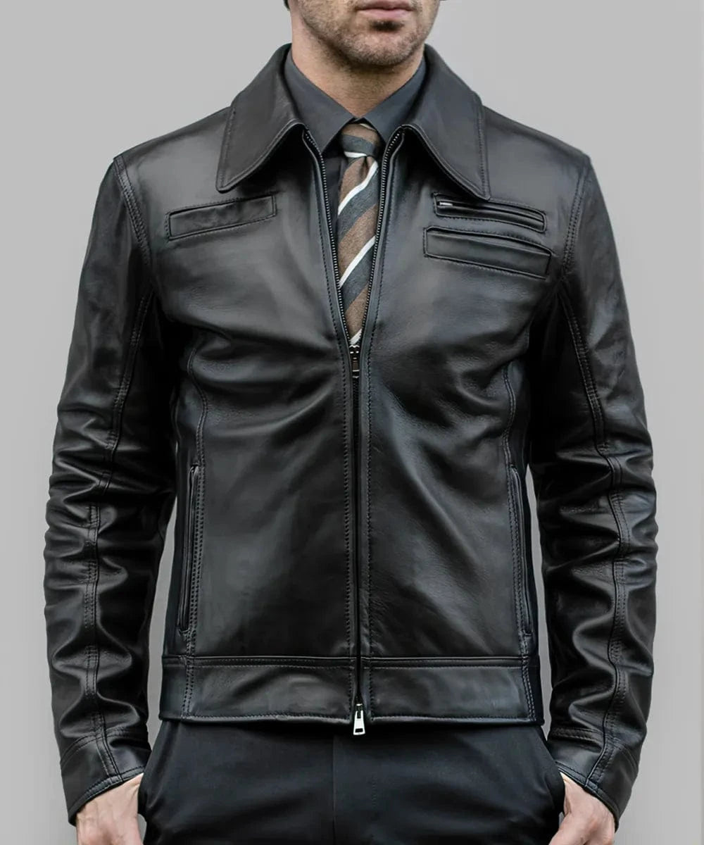 Model wearing Looper black leather jacket with slim fit vintage styling and retro pointed collar detail
