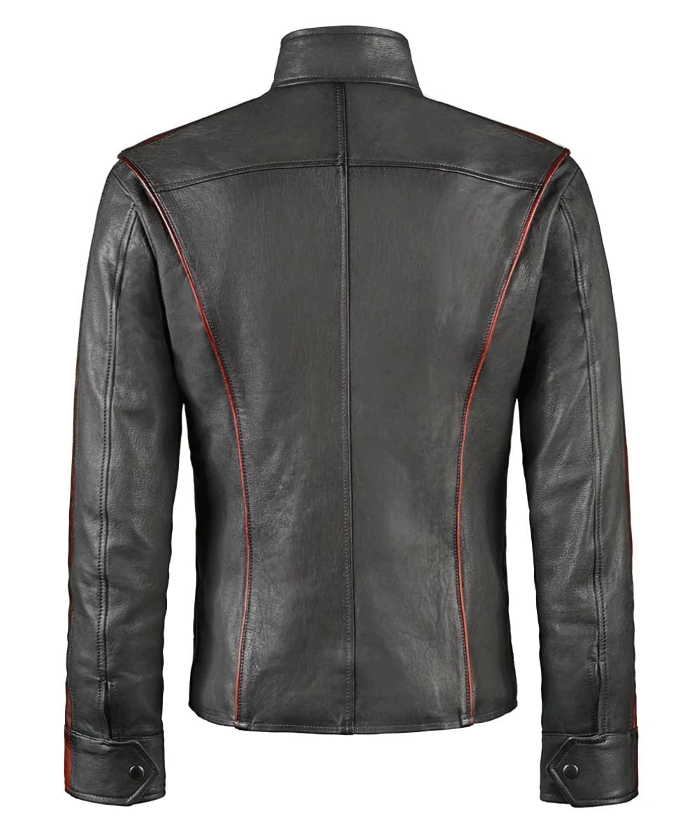 Back view of Mass Effect grey leather jacket with slim fit futuristic styling and contrast red piping detail