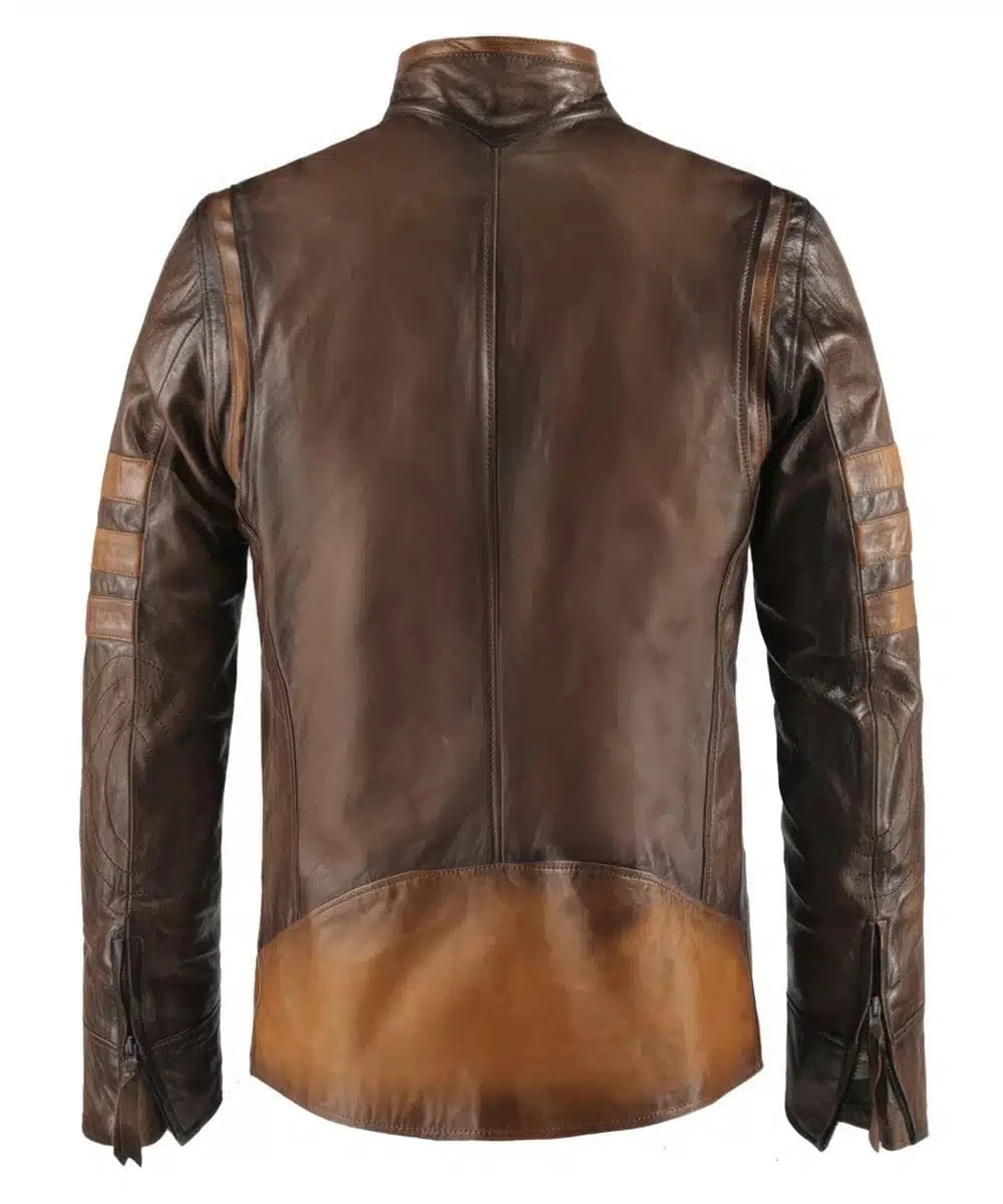 Back view of Origins brown leather jacket with slim fit vintage biker styling and contrast racing stripe detailing