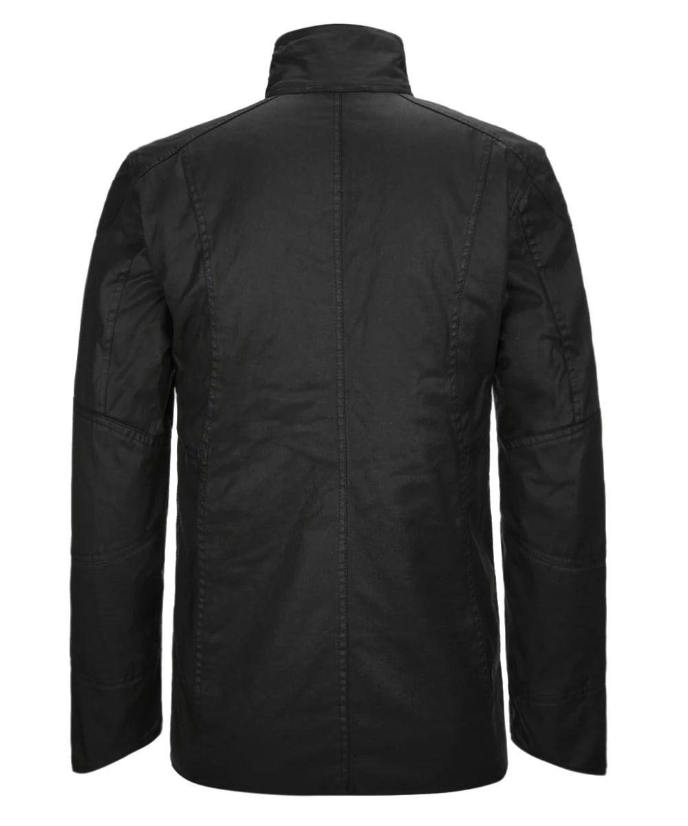 Back view of menâ€™s 2049 black jacket with raised collar