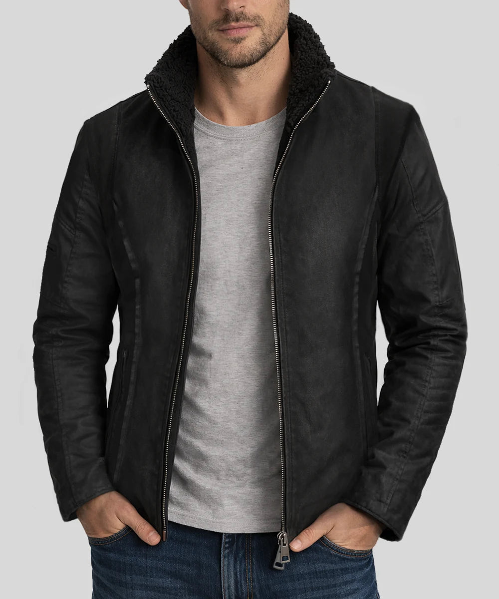 Menâ€™s A-10 black jacket worn open by male model