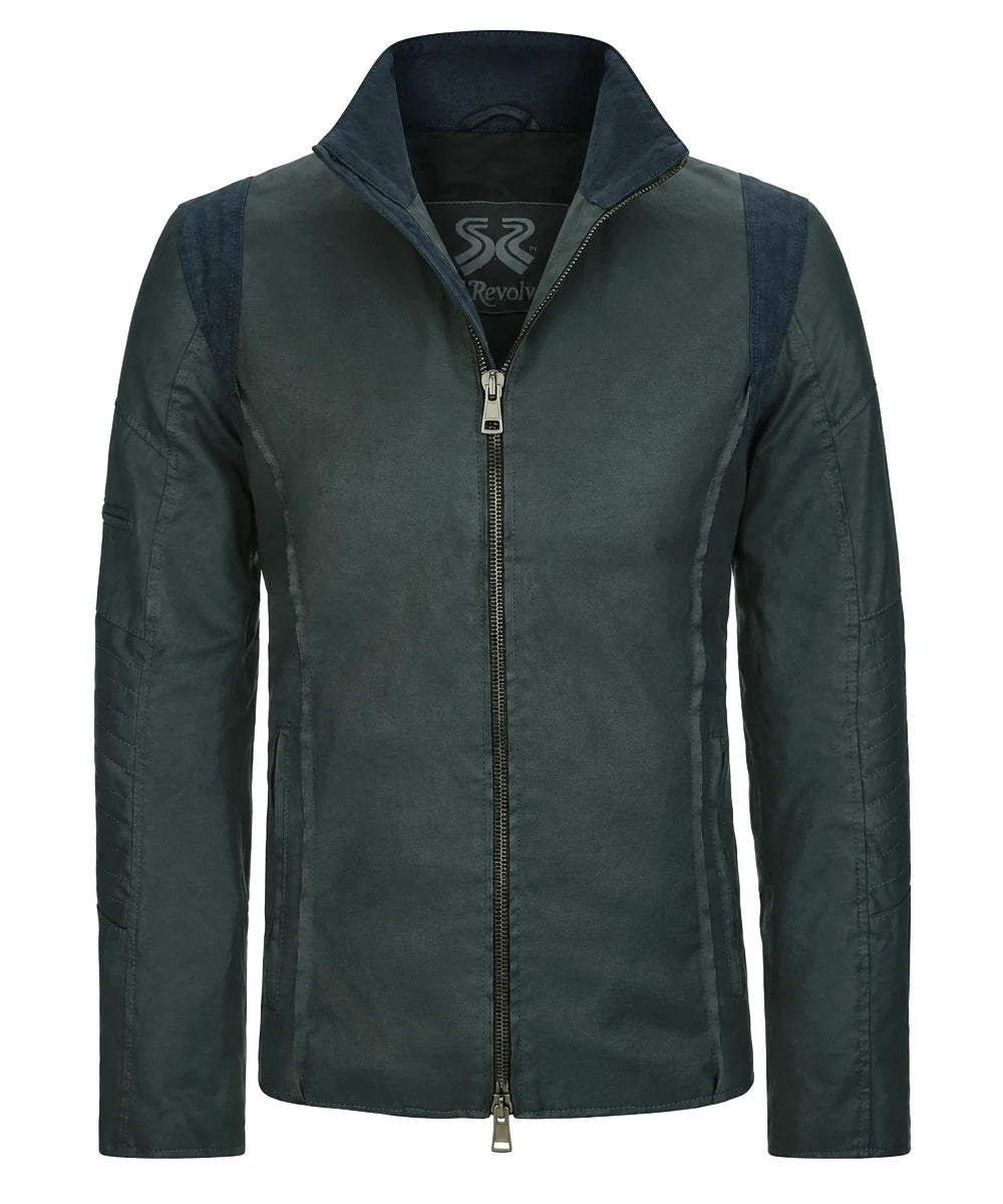 A-10 green jacket front view with zip closure and suede trim