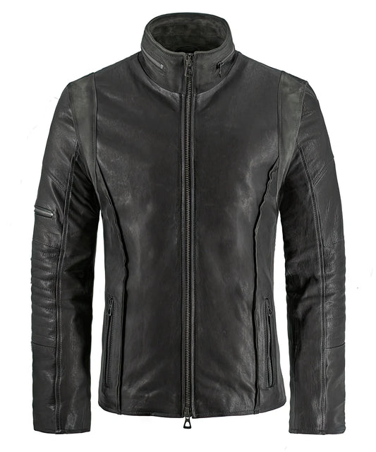 Grey leather A-10 jacket with zip front and panel detailing