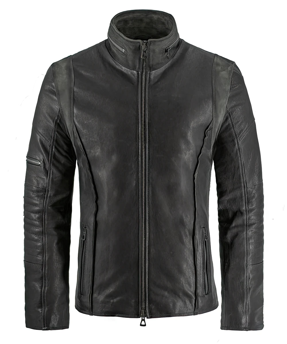 Grey leather A-10 jacket with zip front and panel detailing