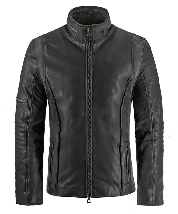 Grey leather A-10 jacket with zip front and panel detailing