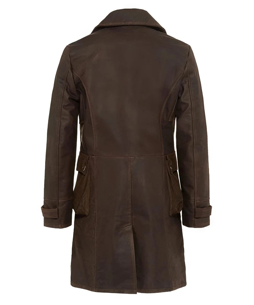 Back view of brown Bane coat in Italian calf leather with tailored fit