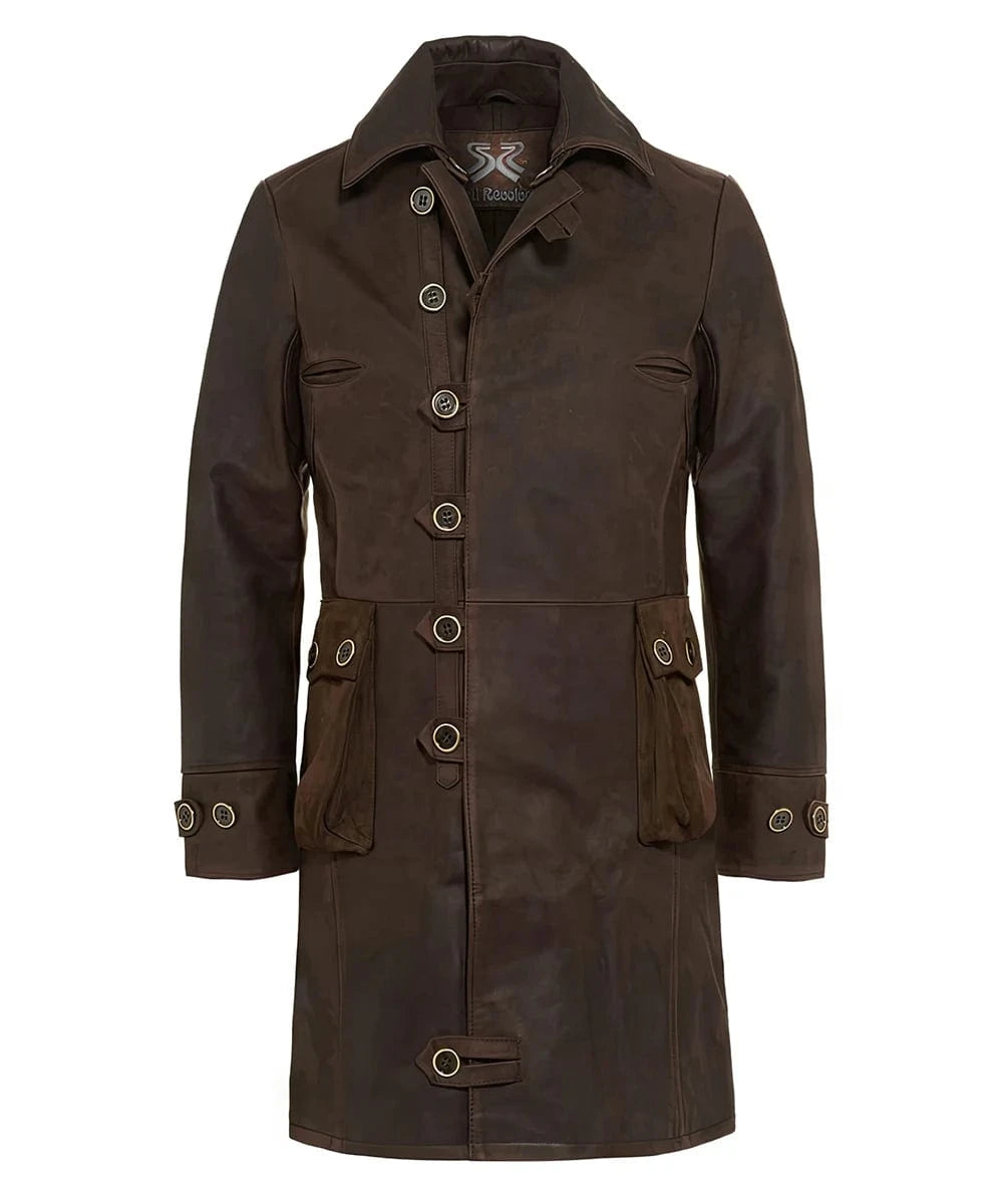 Brown Bane coat in Italian calf leather with button front and longline fit