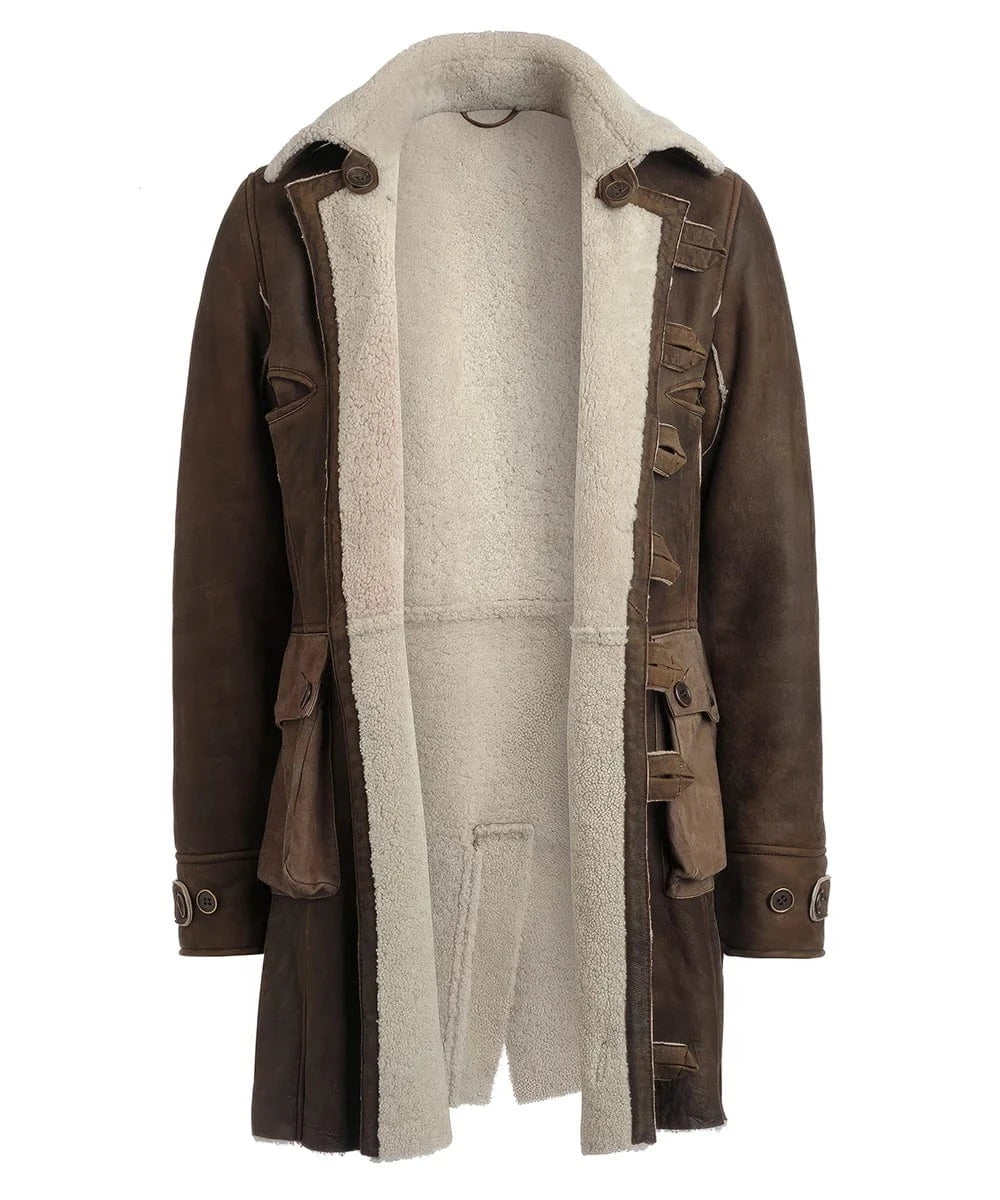 Open front view of brown Bane Italian shearling coat with full wool lining