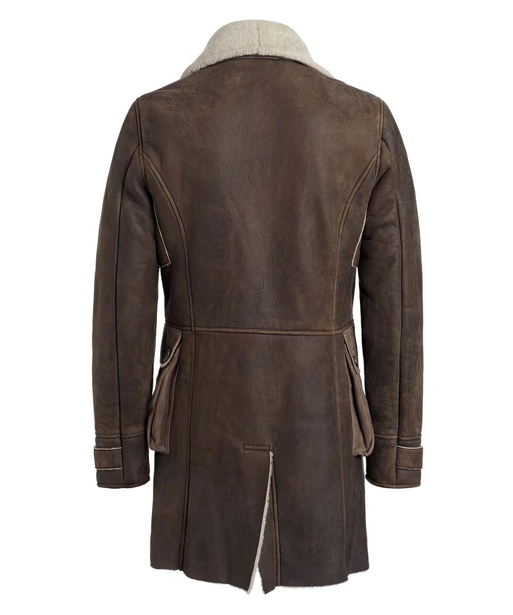 Back view of brown Bane shearling coat with tailored seams and wool collar
