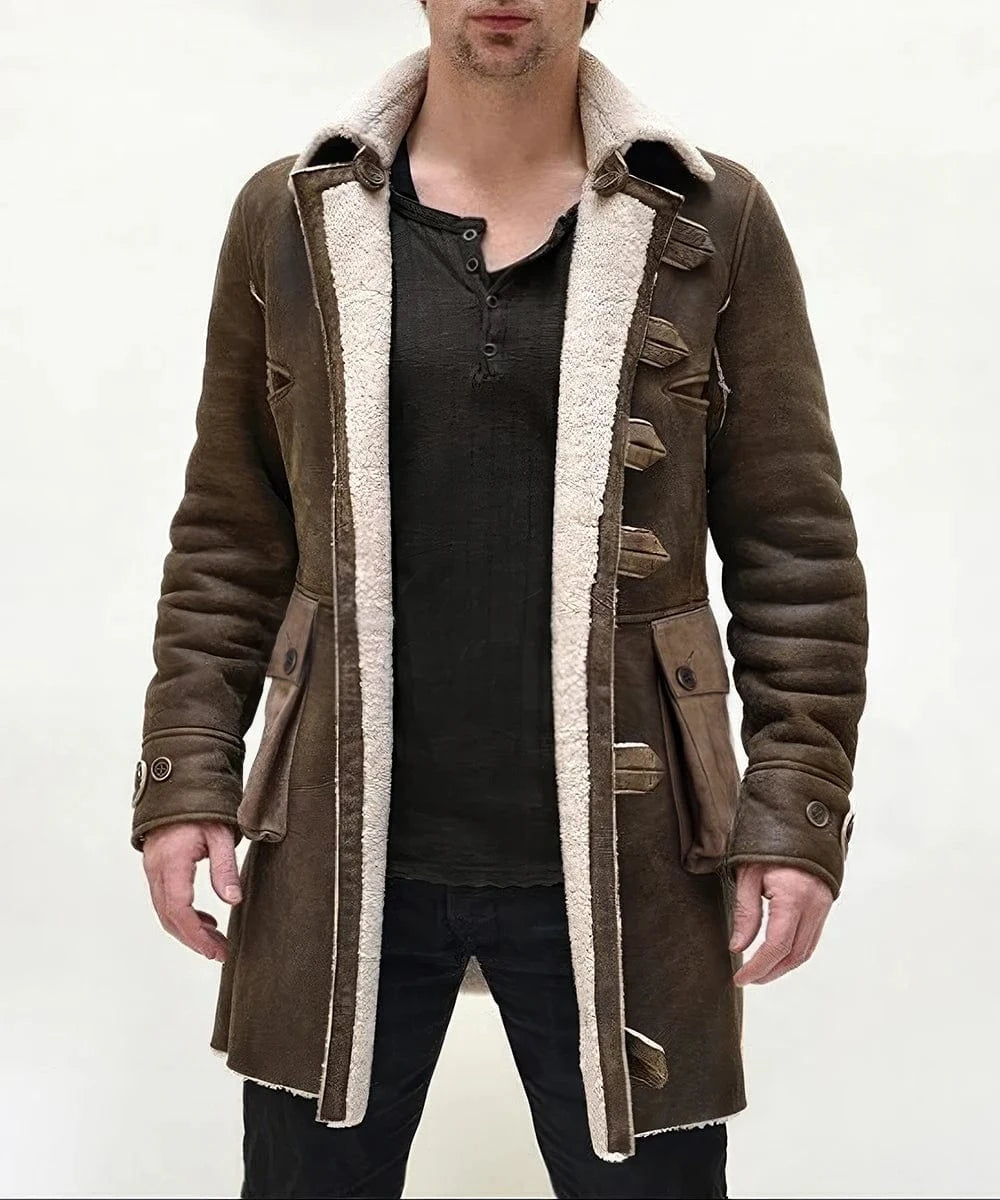 Model wearing brown Bane Italian shearling coat with open front and wool collar