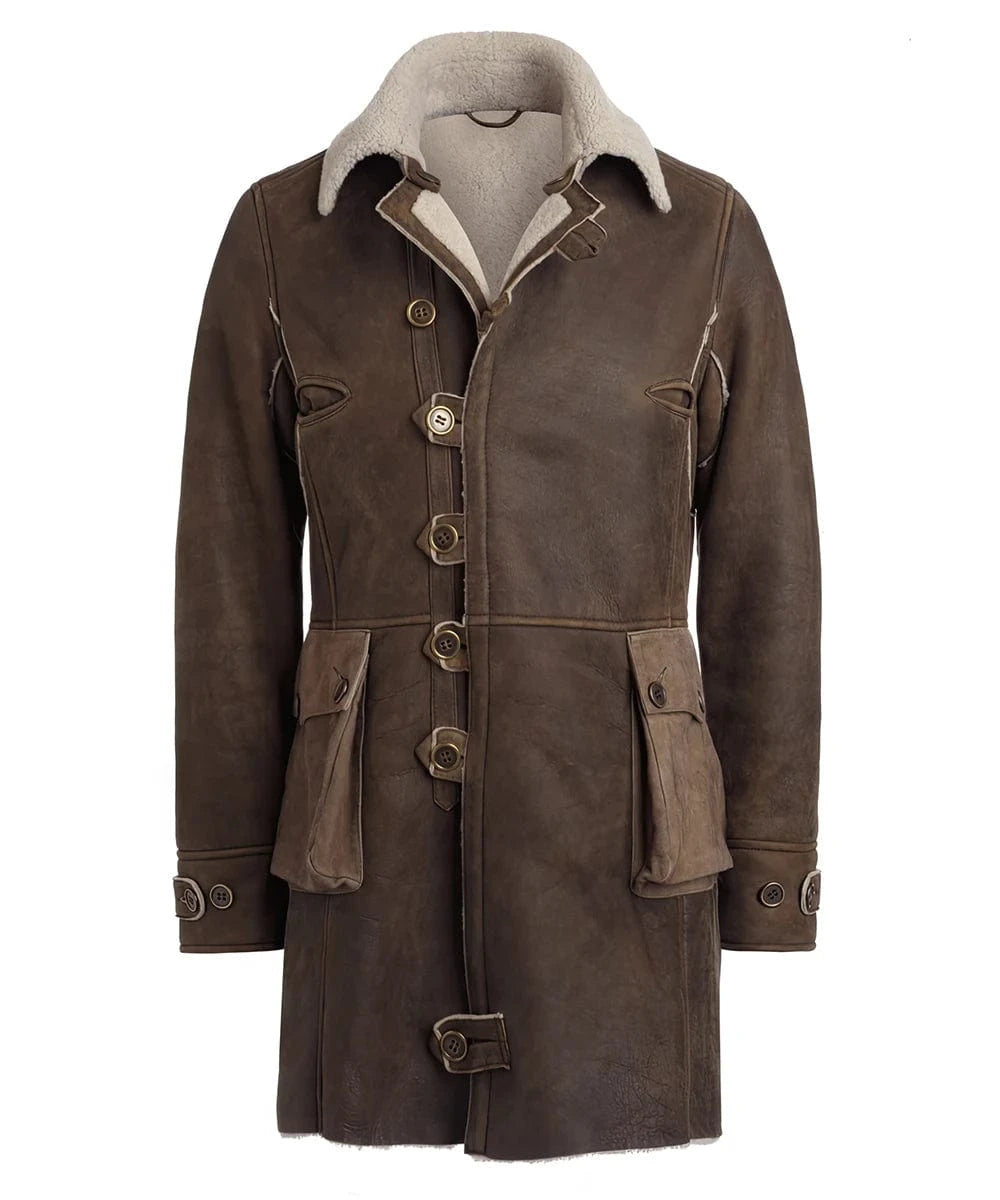 Brown Bane Italian shearling coat with oversized wool collar front view