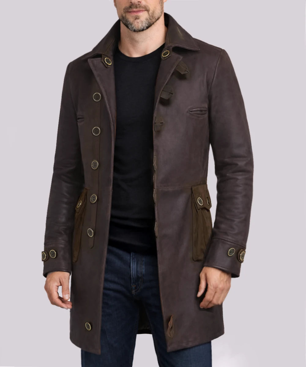 Model wearing brown Bane coat in Italian calf leather unbuttoned