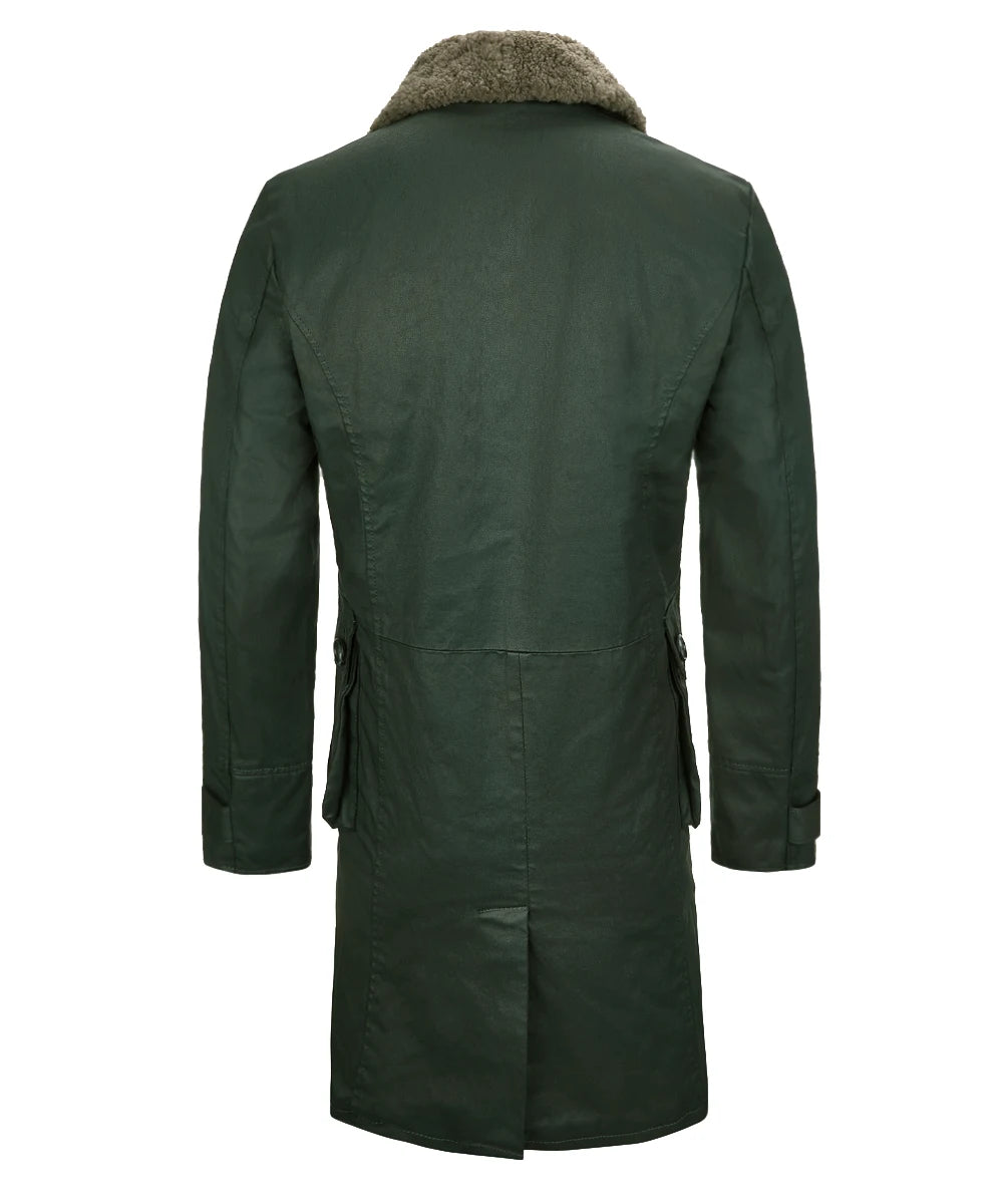 Back view of green Bane replica coat with shearling collar and longline fit
