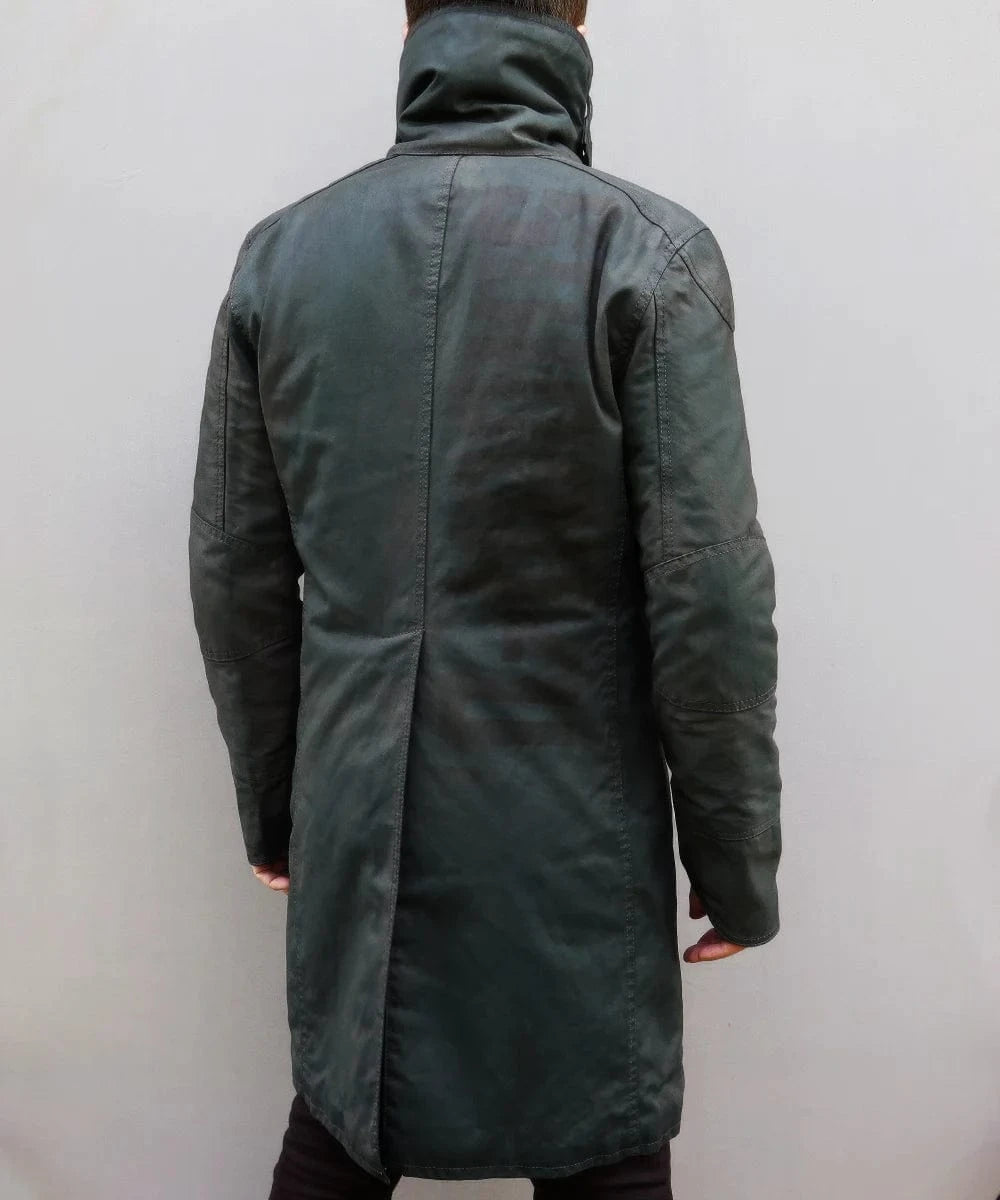 Back view of the Soul Revolver Blade Runner 2049 premium cotton coat showing the graphic sci-fi lettering.
