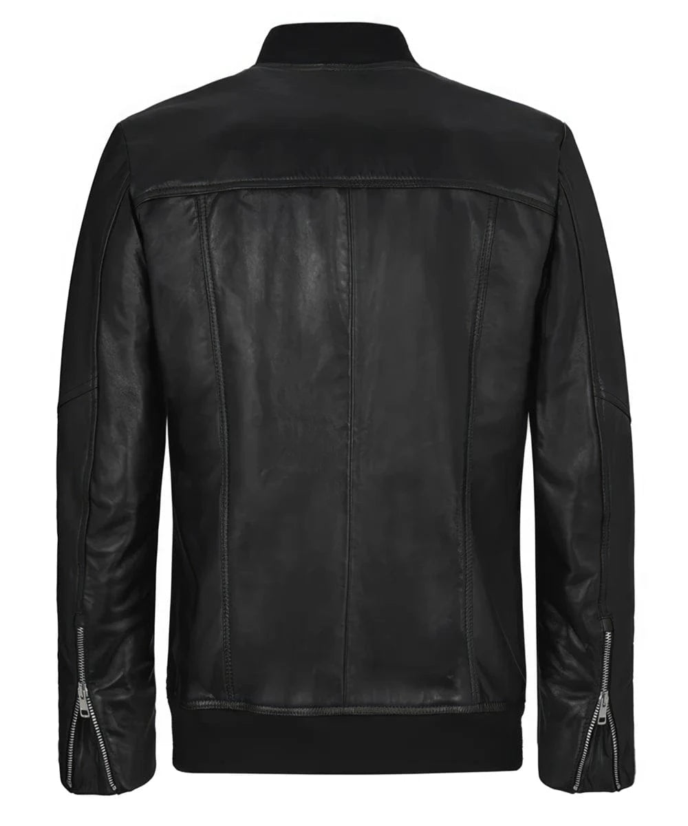 Rear view of the black leather Legacy bomber jacket featuring a slim fit silhouette, ribbed bomber hem, zip cuffs, and clean vertical seam detailing with minimalist styling