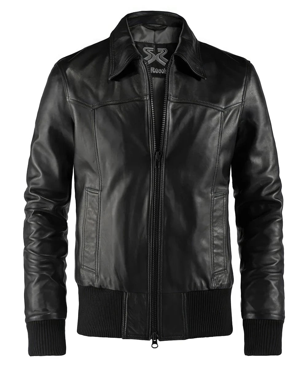 Front view of vintage black leather bomber jacket with slim fit styling and ribbed knit trim