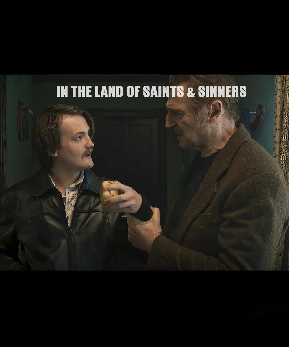 Jack Gleeson wearing vintage black leather jacket in In the Land of Saints and Sinners film