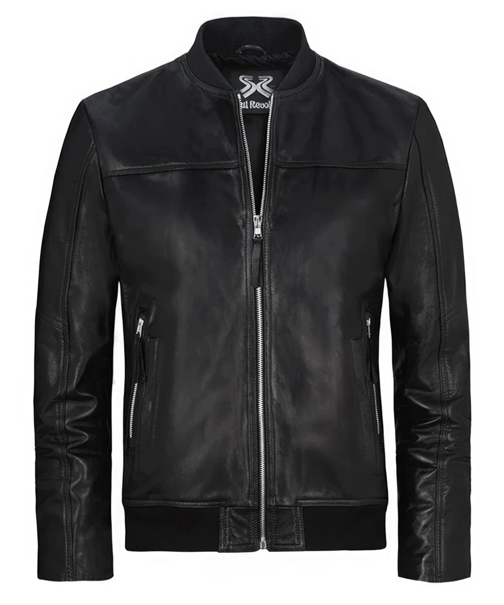 Black leather Legacy bomber jacket with slim fit styling, band collar, silver zip front closure, zip side pockets, and clean minimalist leather panel detailing