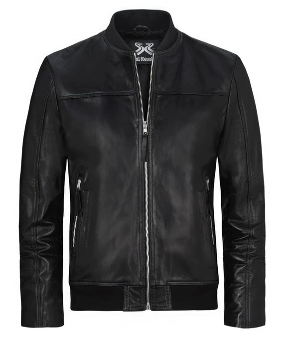 Black leather Legacy bomber jacket with slim fit styling, band collar, silver zip front closure, zip side pockets, and clean minimalist leather panel detailing