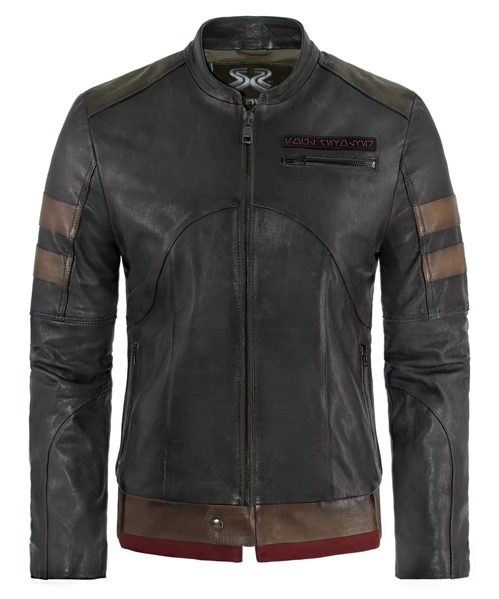 Grey Bounty Hunter leather jacket with striped sleeves and zip front view