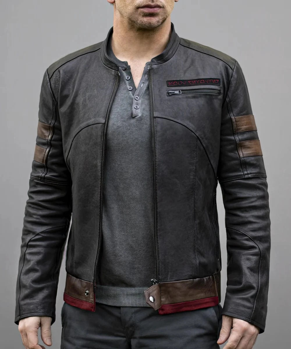 Model wearing grey Bounty Hunter leather jacket with striped sleeves and open front style
