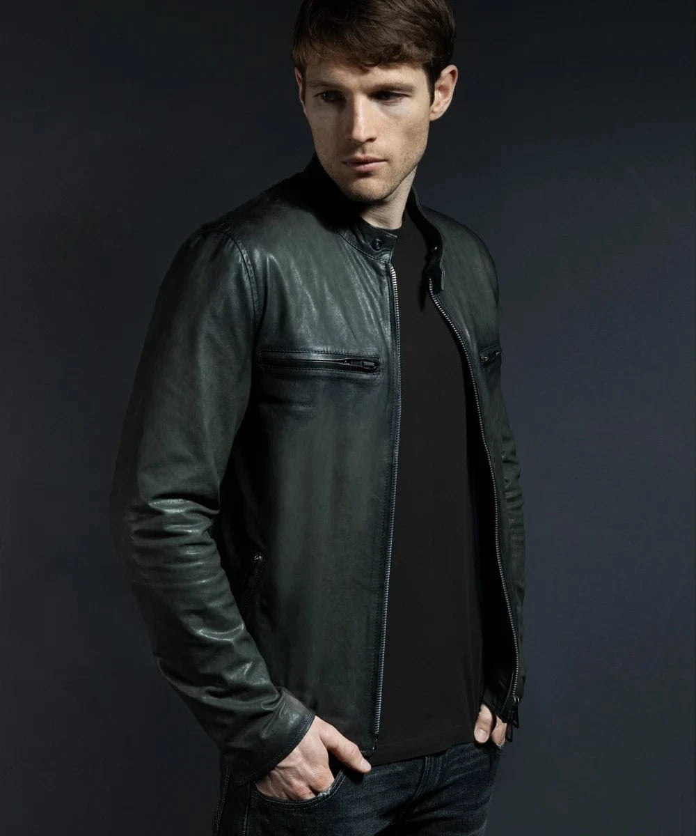 Model wearing grey cafe racer leather jacket with stand collar and slim fit silhouette