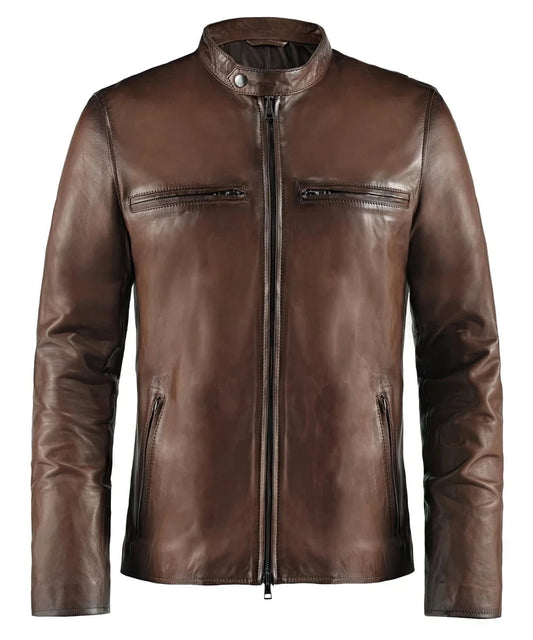 Brown cafe racer leather jacket with stand collar and zip chest pockets front view