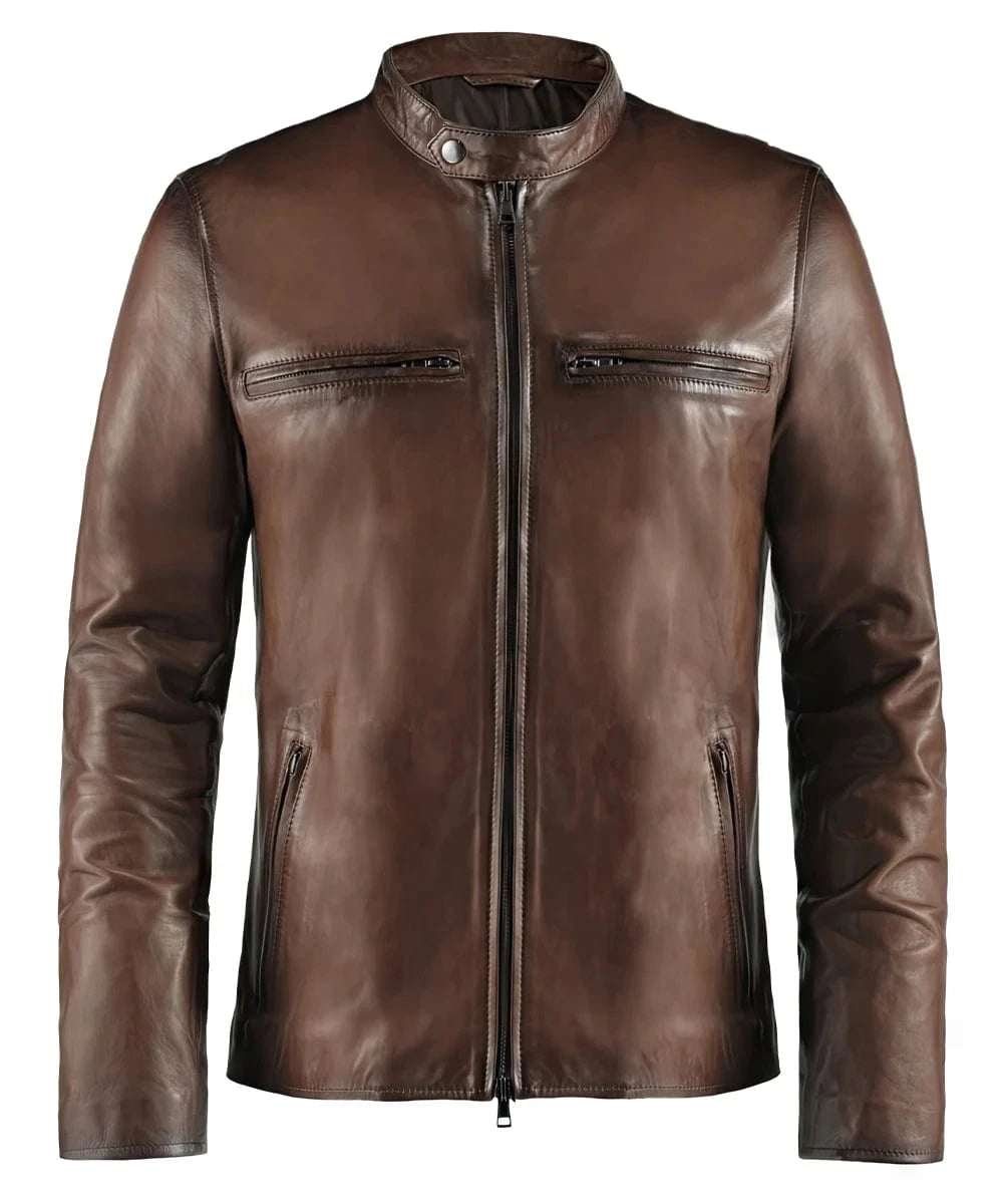 Brown cafe racer leather jacket with stand collar and zip chest pockets front view