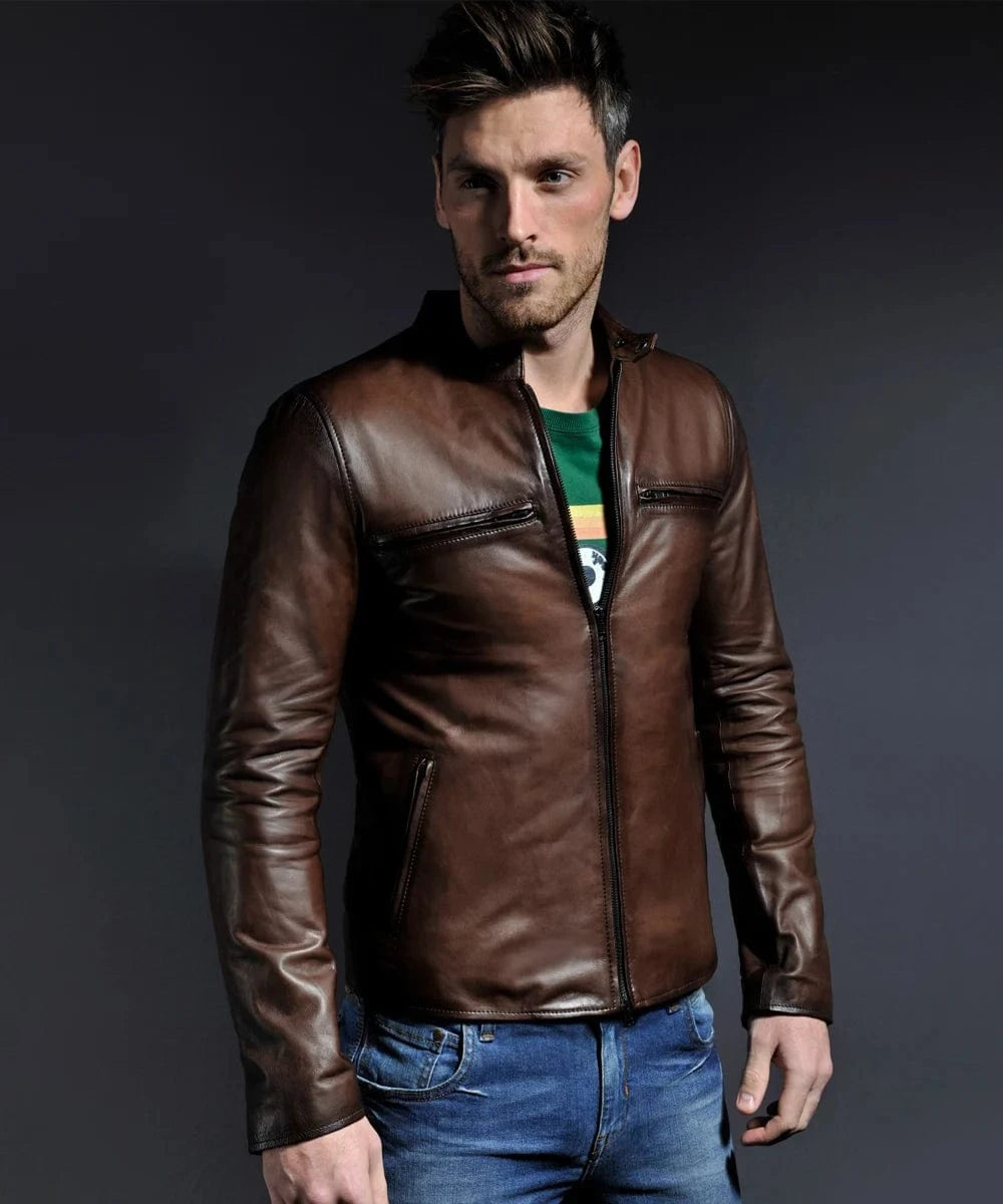 Model wearing brown cafe racer leather jacket with zip front and slim fit 