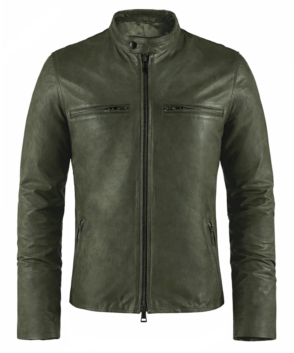 Green cafe racer leather jacket with stand collar and zip chest pockets front view
