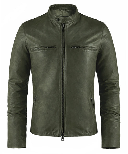 Green cafe racer leather jacket with stand collar and zip chest pockets front view