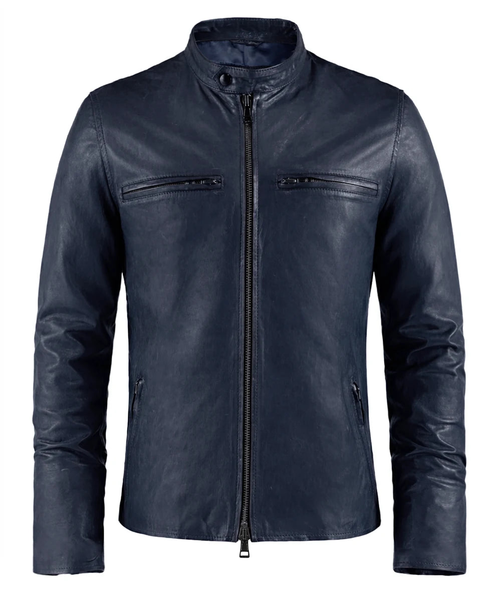 Blue cafe racer leather jacket with stand collar and zip chest pockets front view