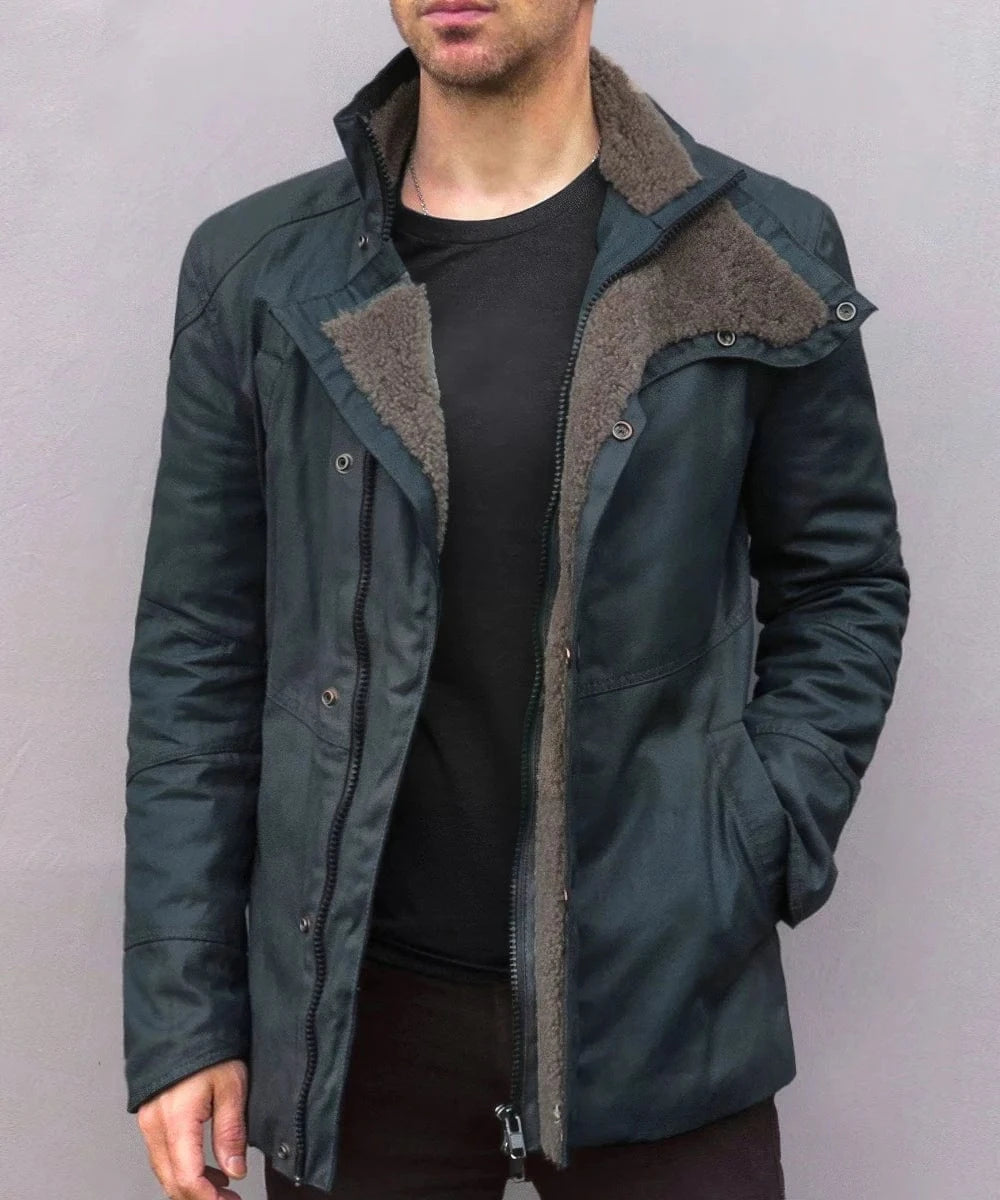 Male model wearing 2049 green jacket with shearling lining