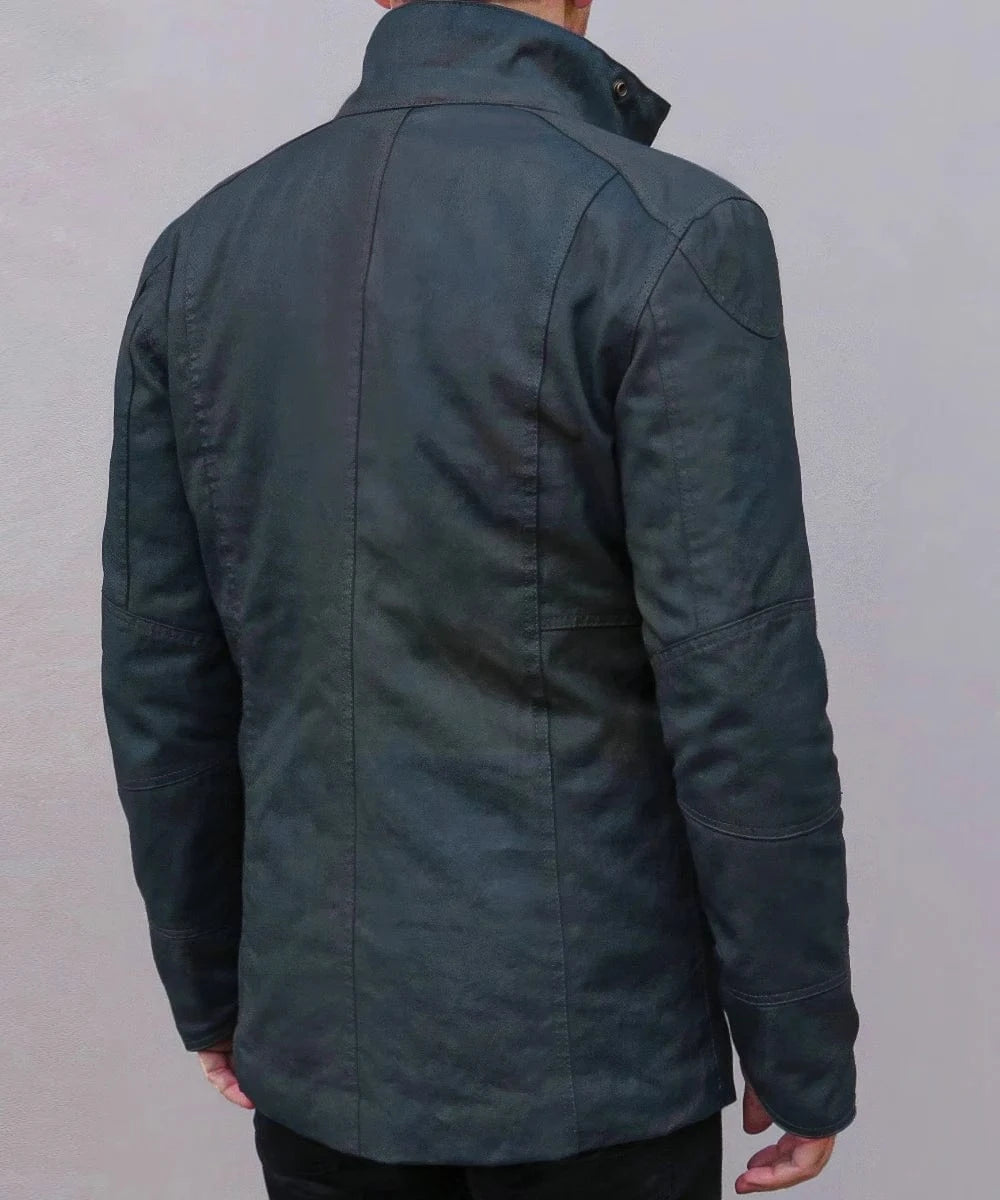Back view of menâ€™s 2049 green jacket with high collar