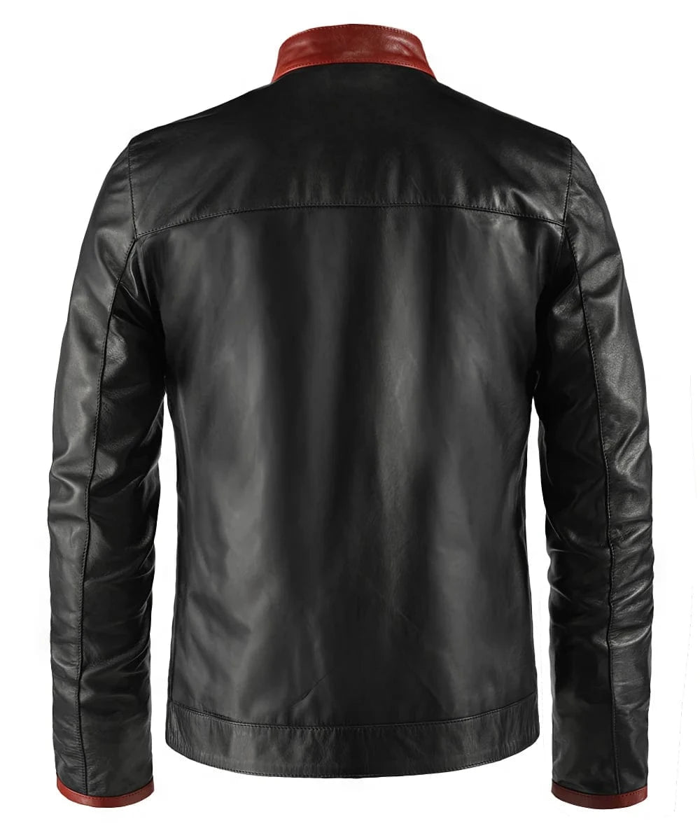 Back view of black Crusader premium leather jacket with red collar detail and tailored fit