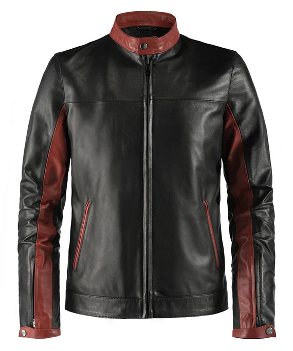 Black Crusader premium leather jacket with red sleeve panels and stand collar front view