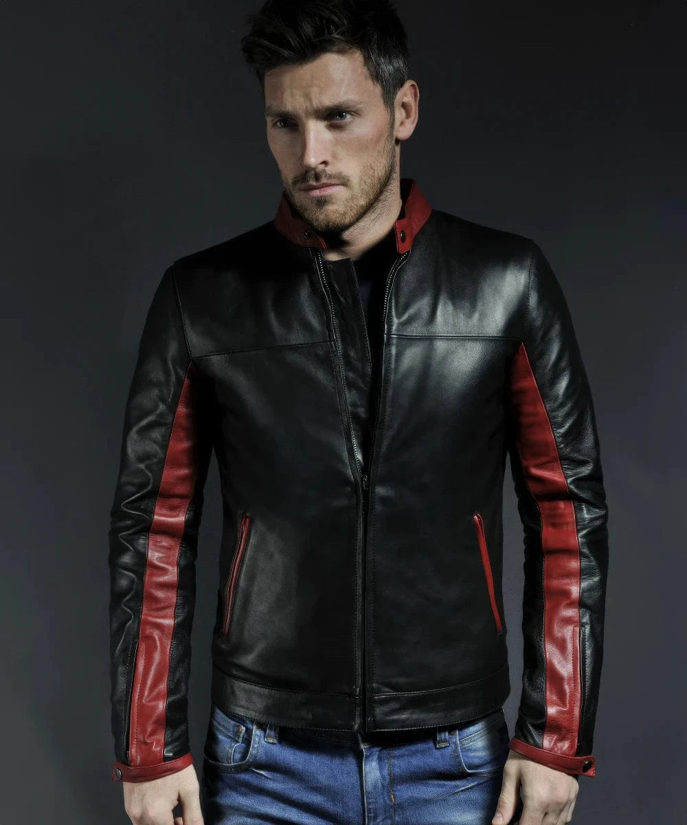 Model wearing black Crusader premium leather jacket with red sleeve panels and stand collar
