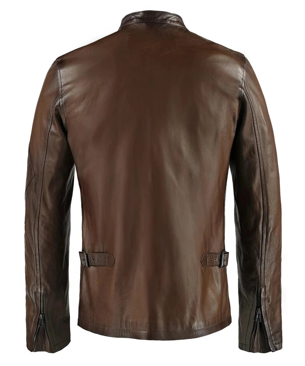Back view of brown Cyclops leather jacket with zip cuffs and adjustable side tabs