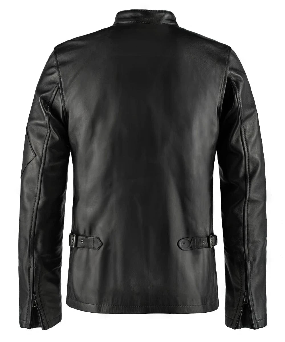 Back view of black Cyclops leather jacket with zip cuffs and adjustable side straps