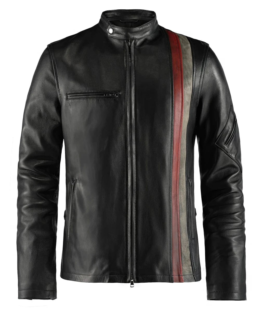 Black Cyclops leather jacket with diagonal red and white racing stripe front view