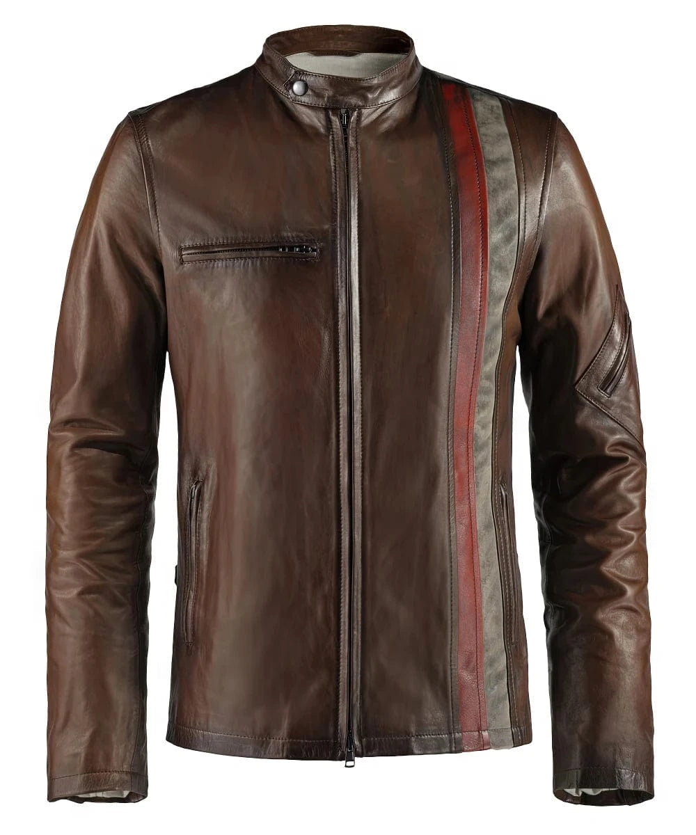 Brown Cyclops leather jacket with red and distressed white racing stripe front view