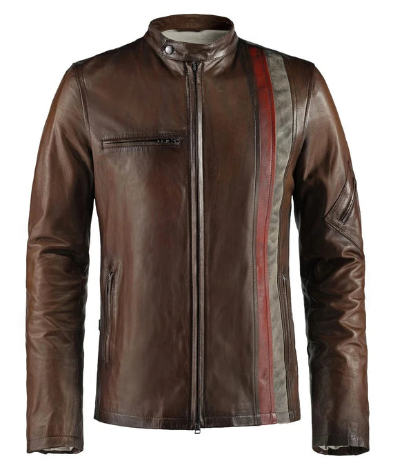 Brown Cyclops leather jacket with red and distressed white racing stripe front view