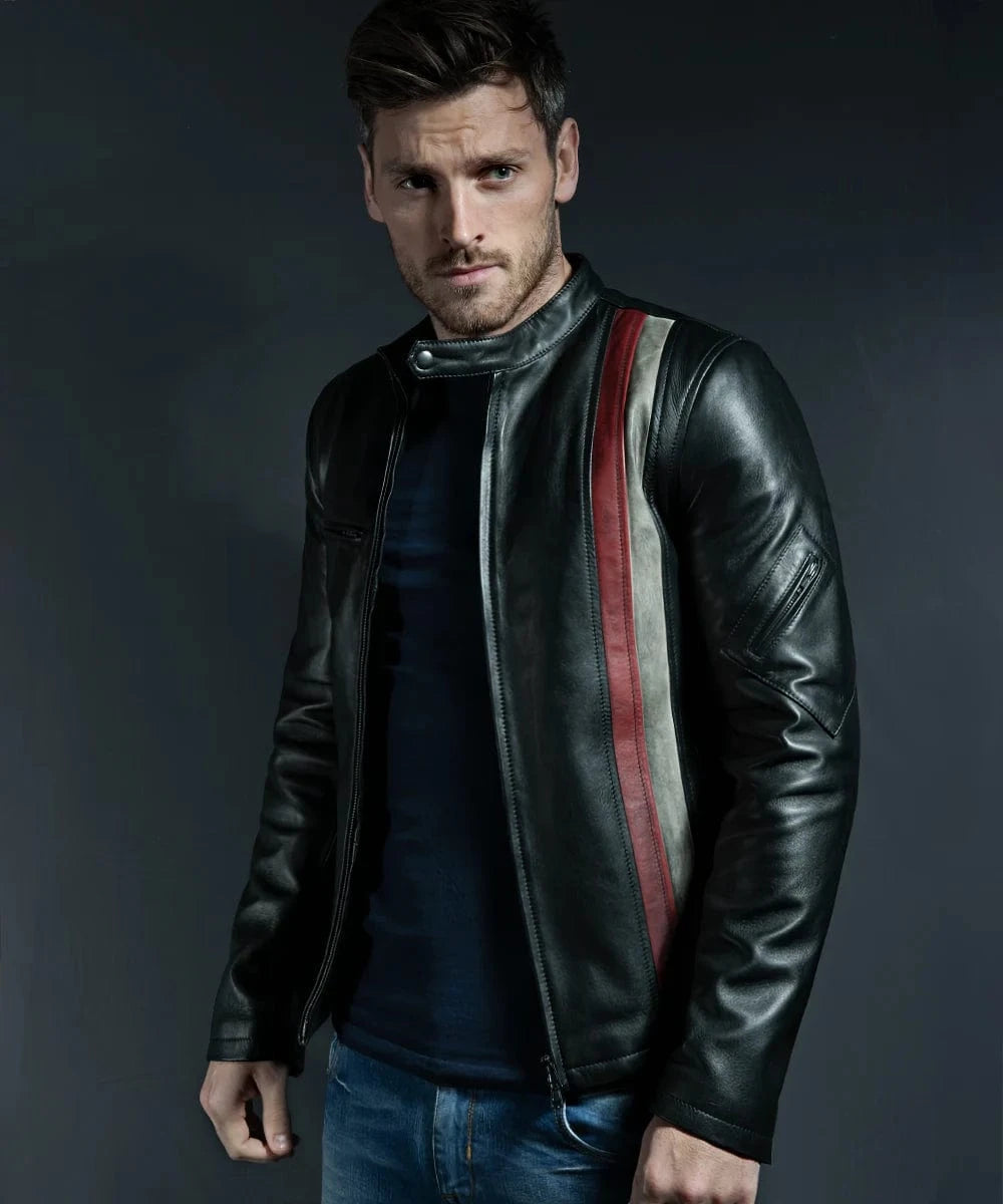 Model wearing black Cyclops leather jacket with red and white racing stripe detail