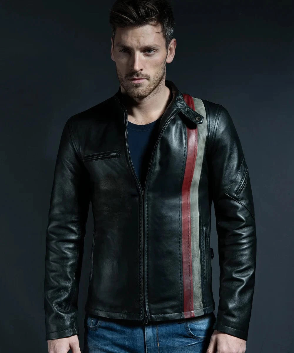 Model wearing black Cyclops leather jacket with red and white racing stripe detail with a modern slim fit