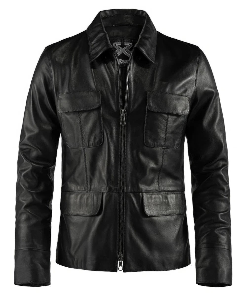 Black Damon Salvatore leather jacket with utility pockets and zip front view