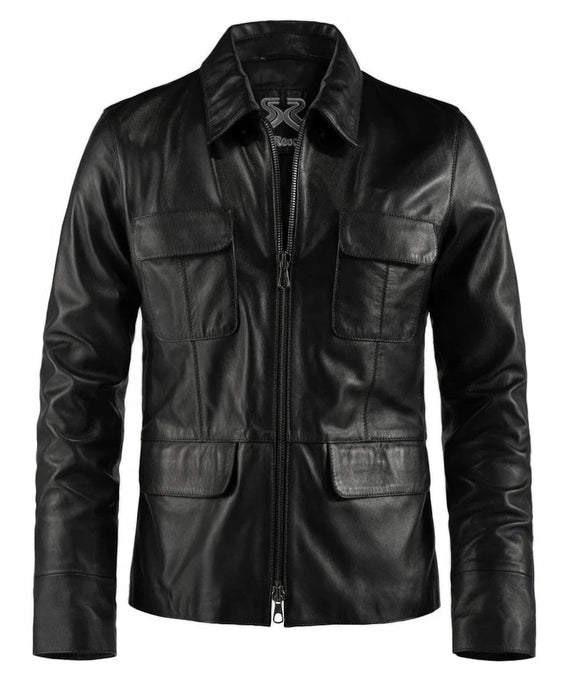 Black Damon Salvatore leather jacket with utility pockets and zip front view